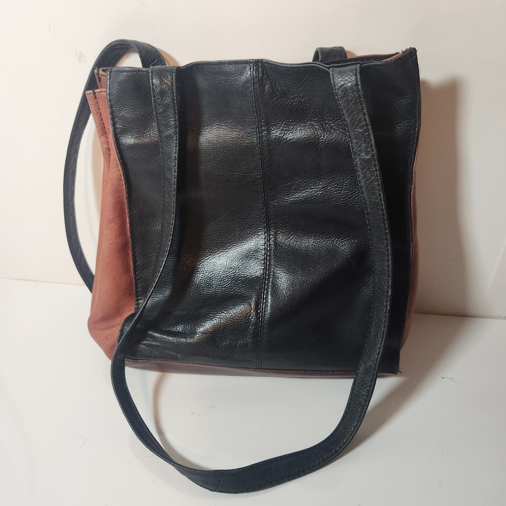 Vintage Two Tone Black Brown Leather Tote Bag Paisley Lining Shoulder‎ Bag